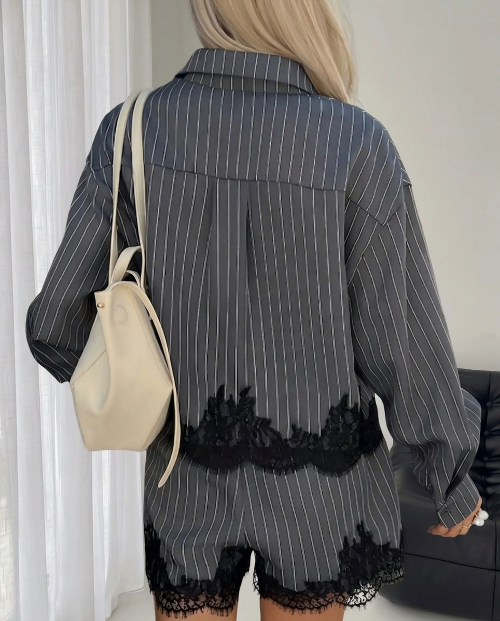 SOLACE  Grey Striped Lace Trim Shirt And Shorts Two-Piece Set 