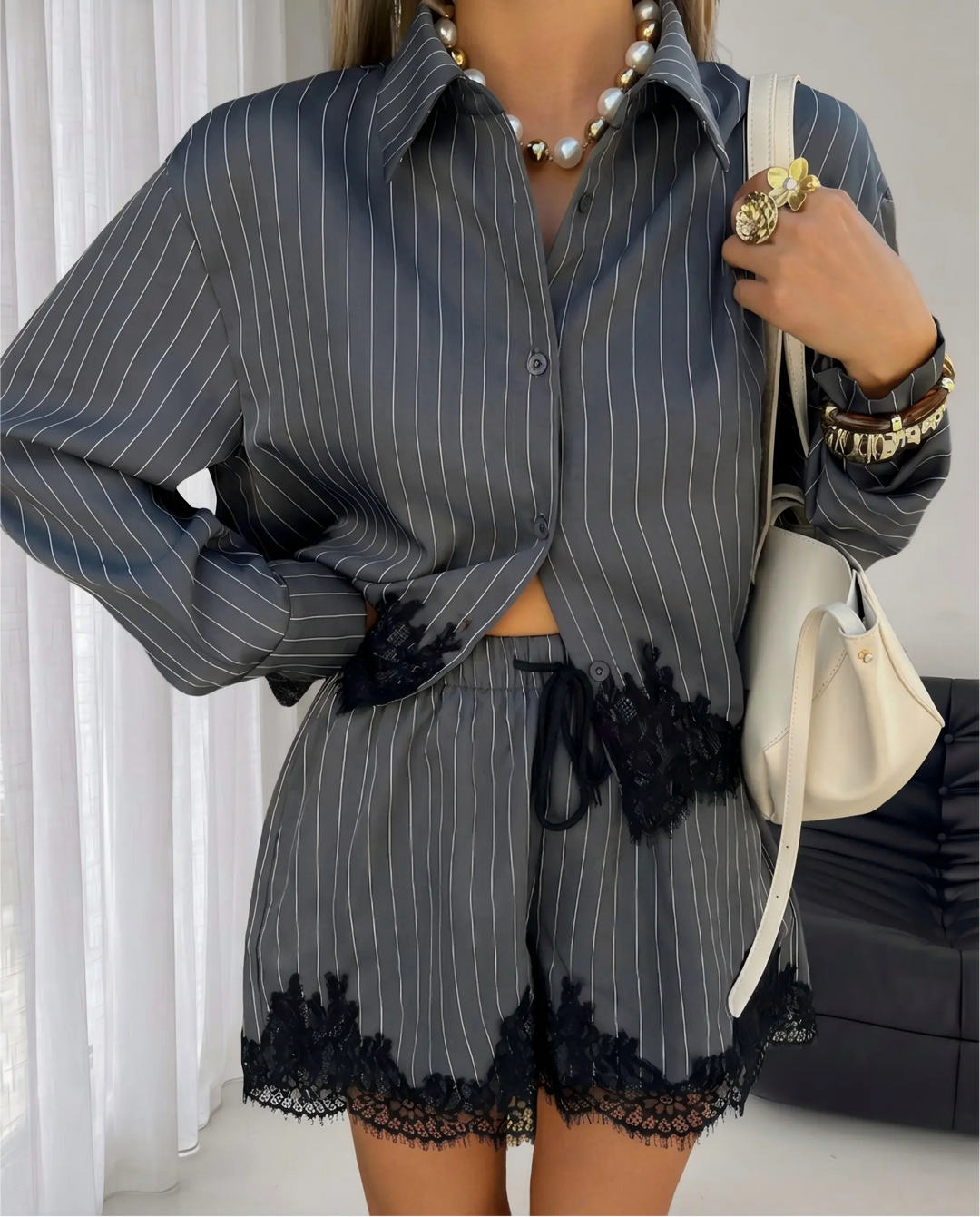 SOLACE  Grey Striped Lace Trim Shirt And Shorts Two-Piece Set 