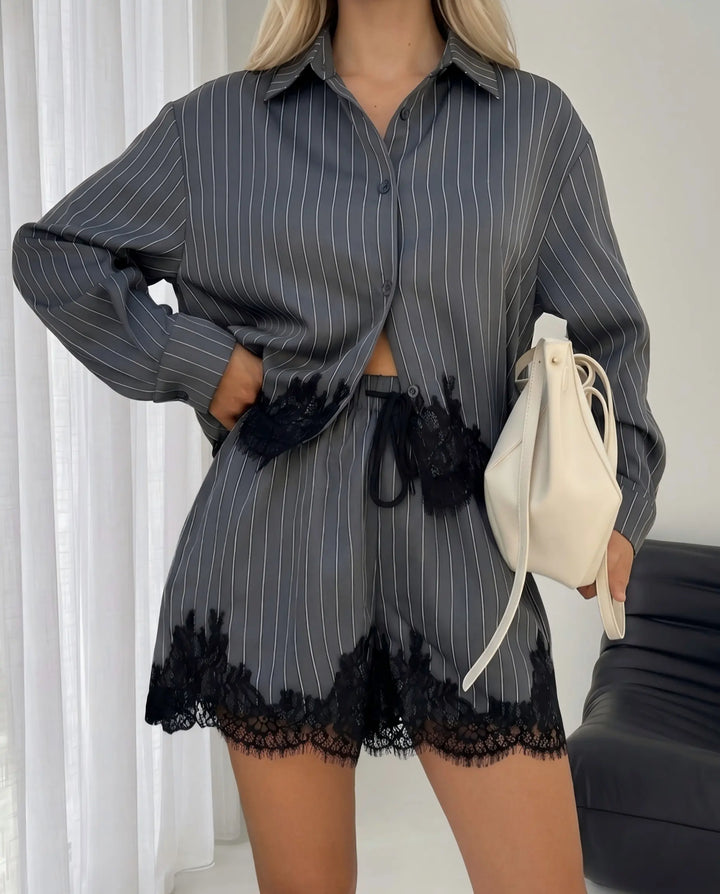 SOLACE  Grey Striped Lace Trim Shirt And Shorts Two-Piece Set 