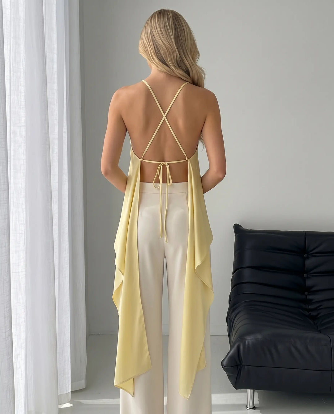 SOLACE  Pale Yellow Halter Neck Flowy Swing Top 