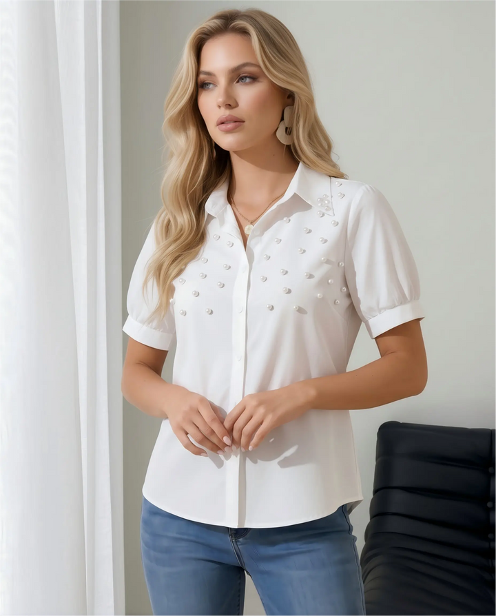 SOLACE  White Pearl Beaded Button Front Casual Regular Blouse 