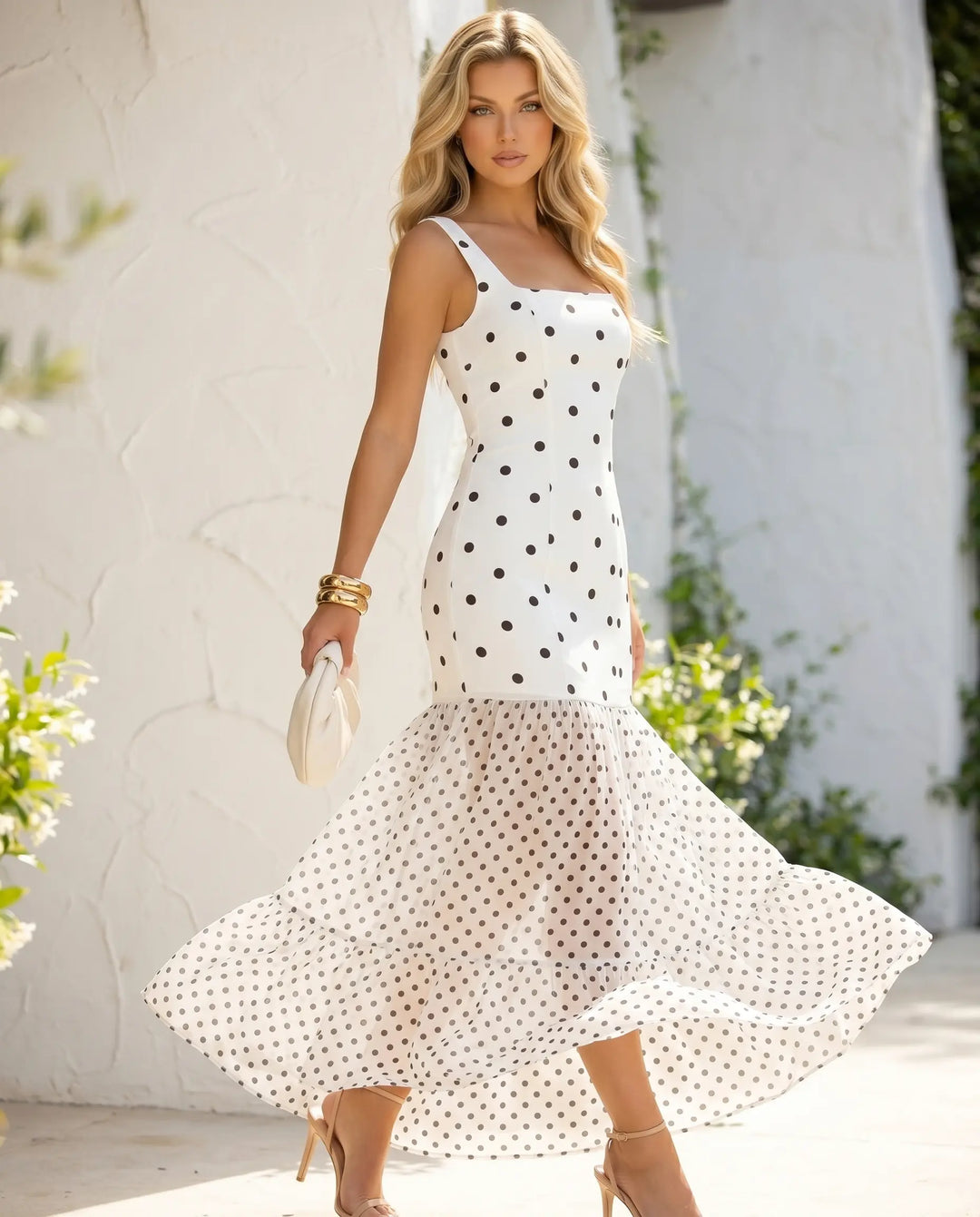 SOLACE  White Polka Dot Tiered Maxi Dress 