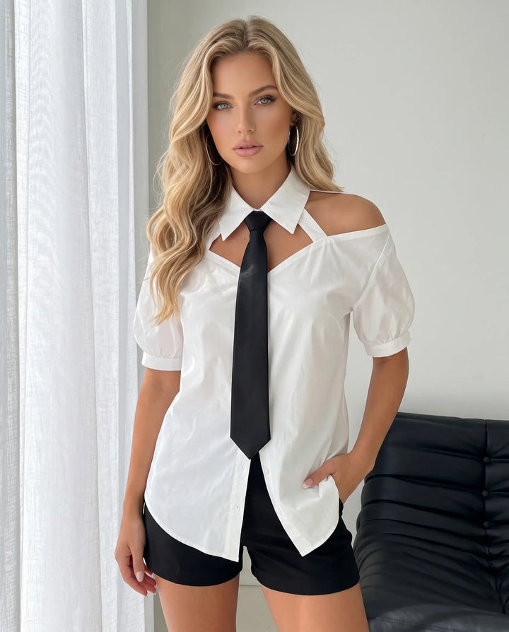 SOLACE  White Cold Shoulder Poplin Necktie Slim Fit Regular Shirt 