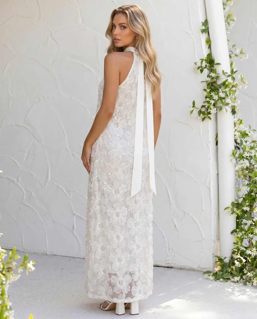 SOLACE  3D Floral Applique Halter Neck Maxi Dress 