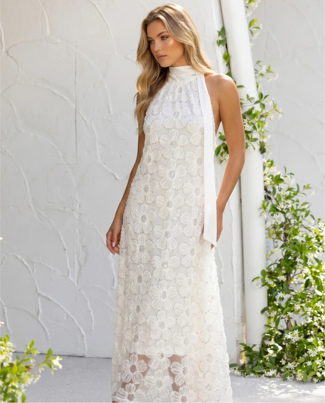 SOLACE  3D Floral Applique Halter Neck Maxi Dress 