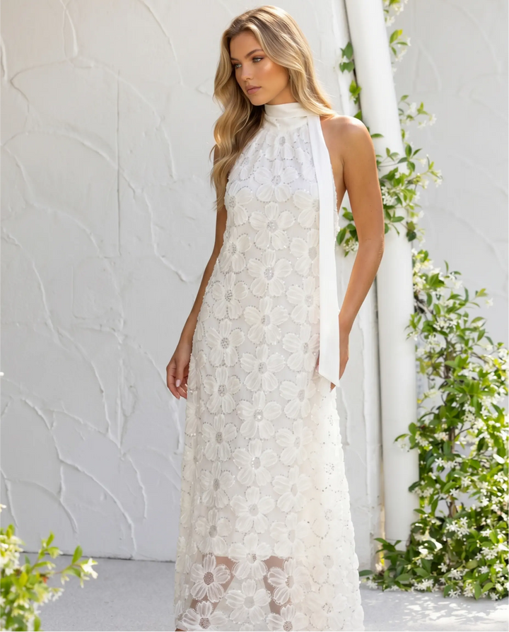 SOLACE  3D Floral Applique Halter Neck Maxi Dress 