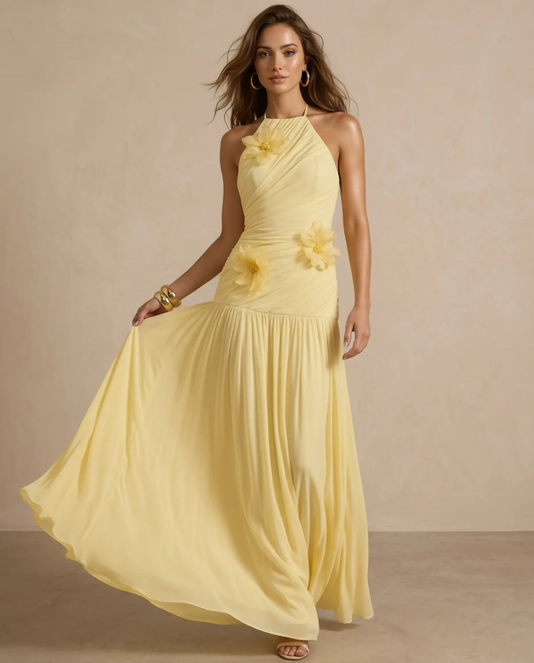 SOLACE  Yellow Halter Neck 3D Floral Ruched Maxi Dress 