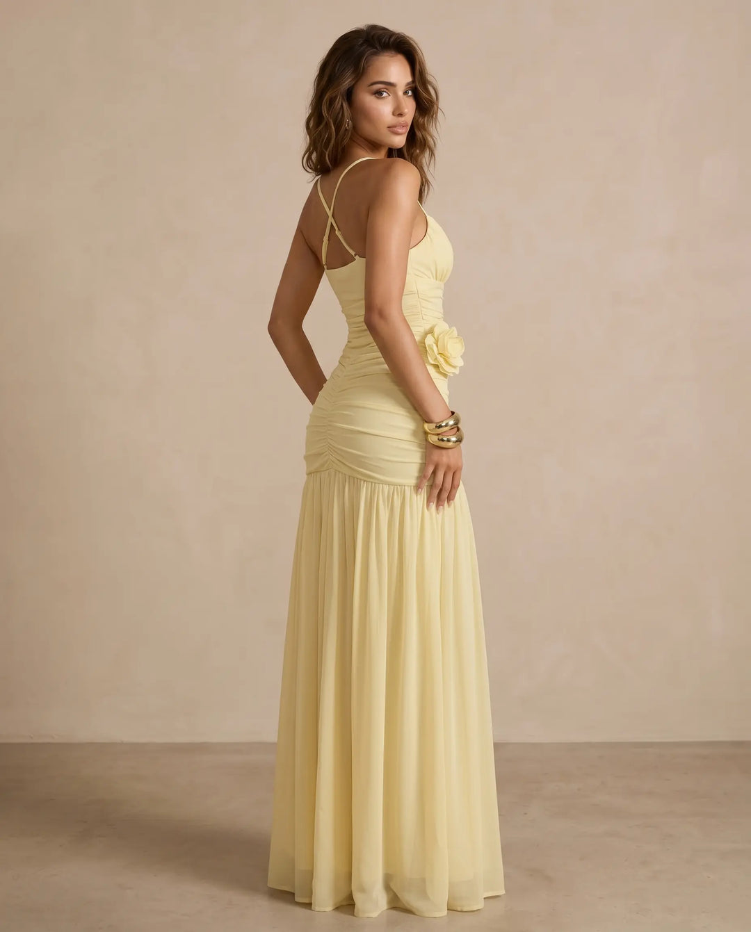 SOLACE  Yellow Halter Neck 3D Floral Ruched Maxi Dress 