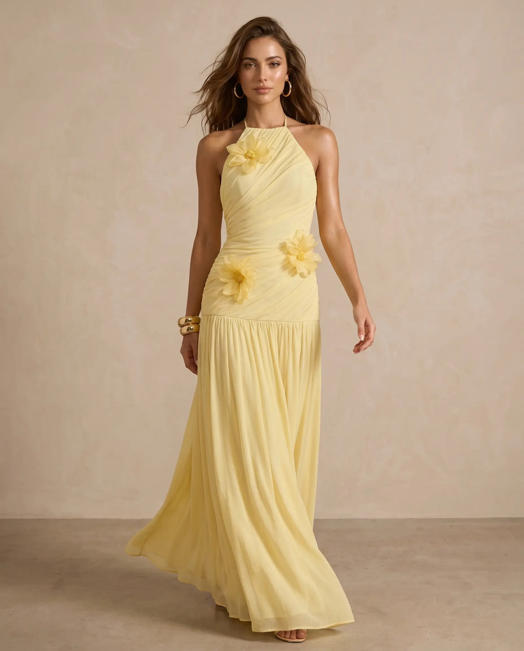 SOLACE  Yellow Halter Neck 3D Floral Ruched Maxi Dress 