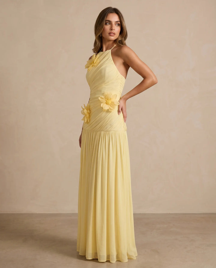 SOLACE  Yellow Halter Neck 3D Floral Ruched Maxi Dress 