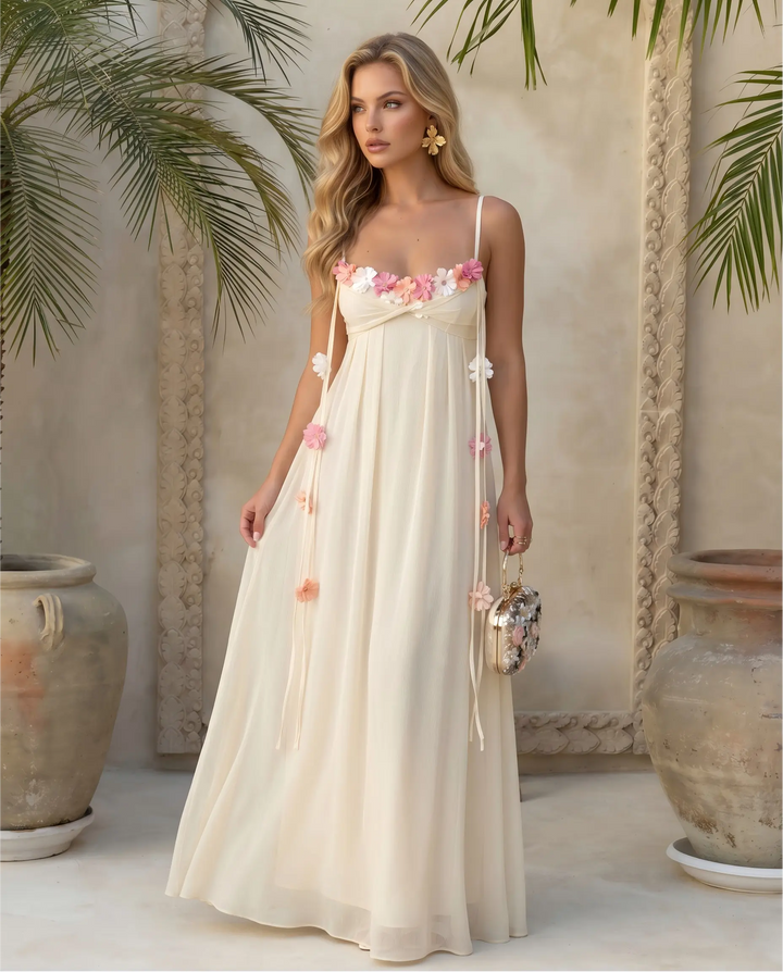 SOLACE  Cream Spaghetti Strap 3D Floral Backless Maxi Dress 