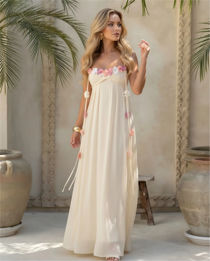 SOLACE  Cream Spaghetti Strap 3D Floral Backless Maxi Dress 