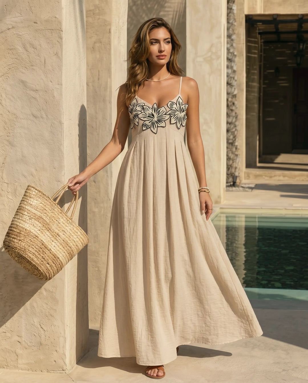 SOLACE  Beige Floral Embroidery Spaghetti Strap Maxi Dress 