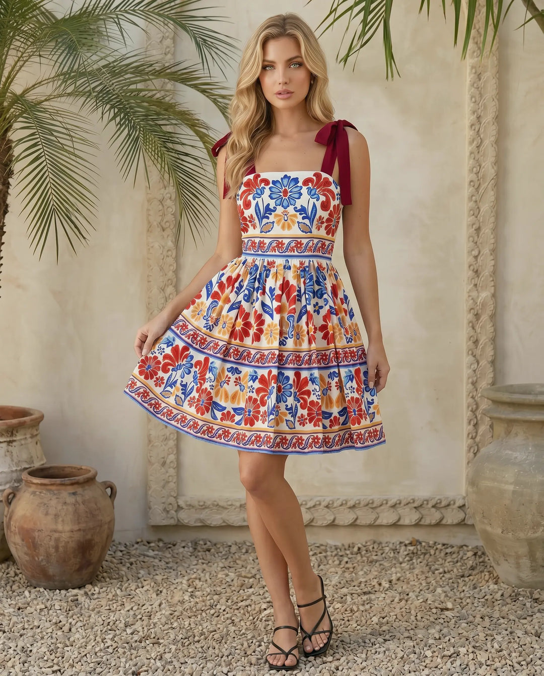 SOLACE  Floral Print Tie-Shoulder A-Line Mini Dress 