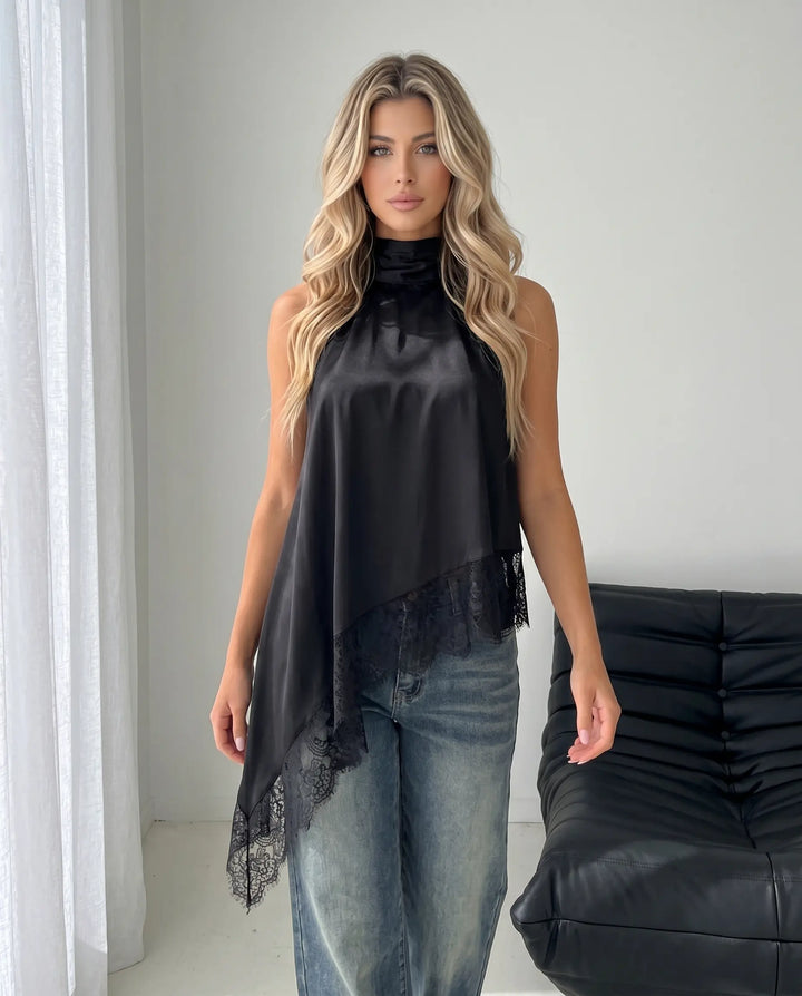 SOLACE  Black Satin Lace Asymmetric Halter Cami Top 
