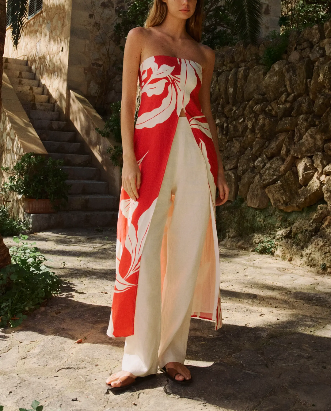 SOLACE  Red Leaf Print Strapless Overlay Top 