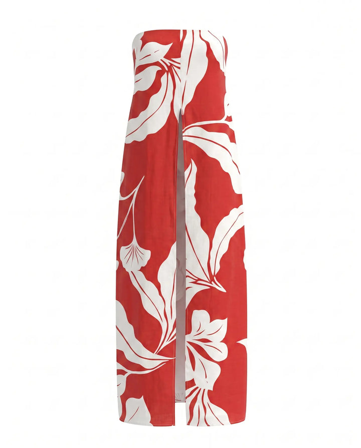 SOLACE  Red Leaf Print Strapless Overlay Top 