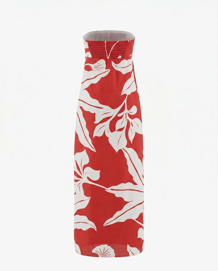 SOLACE  Red Leaf Print Strapless Overlay Top 