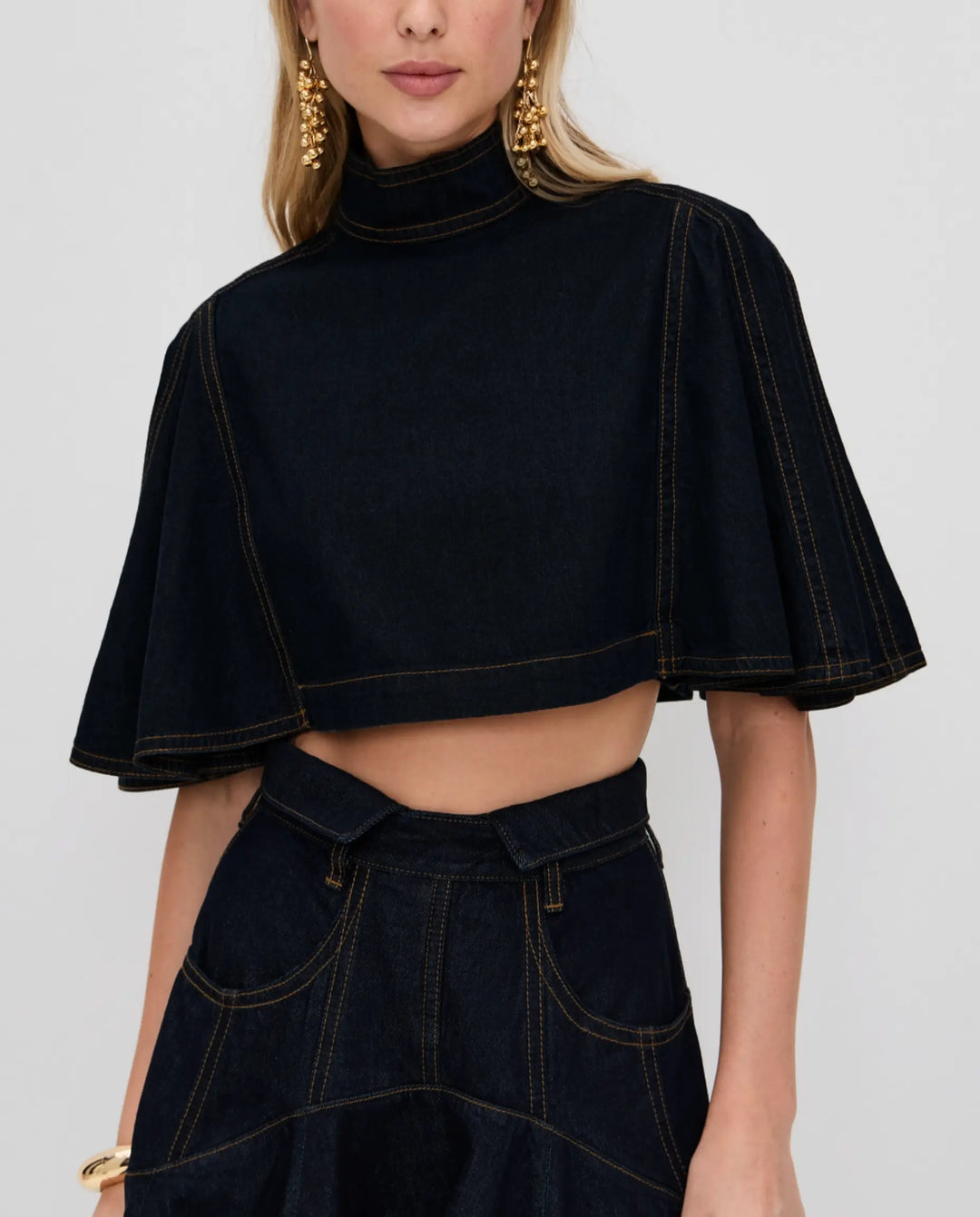 SOLACE  Black High Neck Cape Sleeve Crop Top 