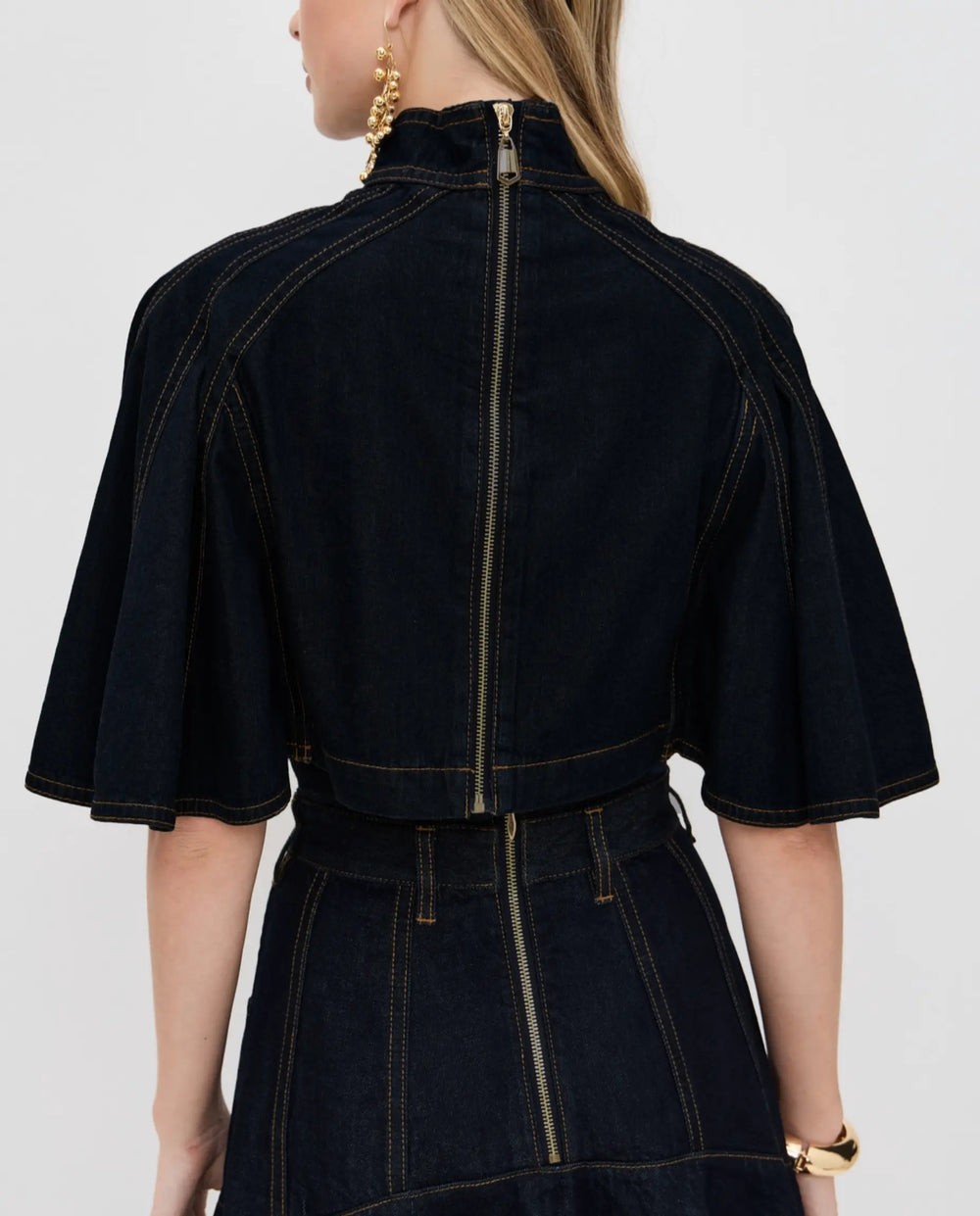 SOLACE  Black High Neck Cape Sleeve Crop Top 
