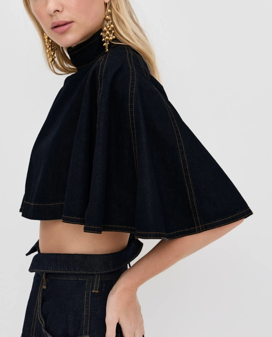 SOLACE  Black High Neck Cape Sleeve Crop Top 