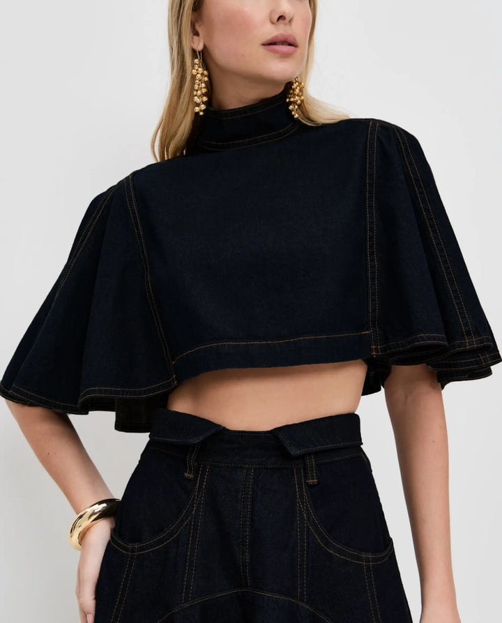 SOLACE  Black High Neck Cape Sleeve Crop Top 