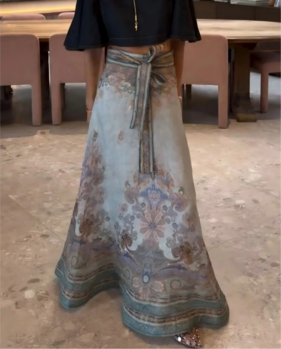 SOLACE  Blue Floral Print Belt Wrap Maxi Skirt 
