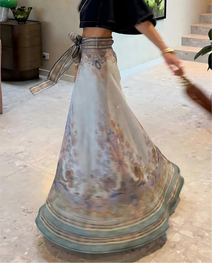 SOLACE  Blue Floral Print Belt Wrap Maxi Skirt 
