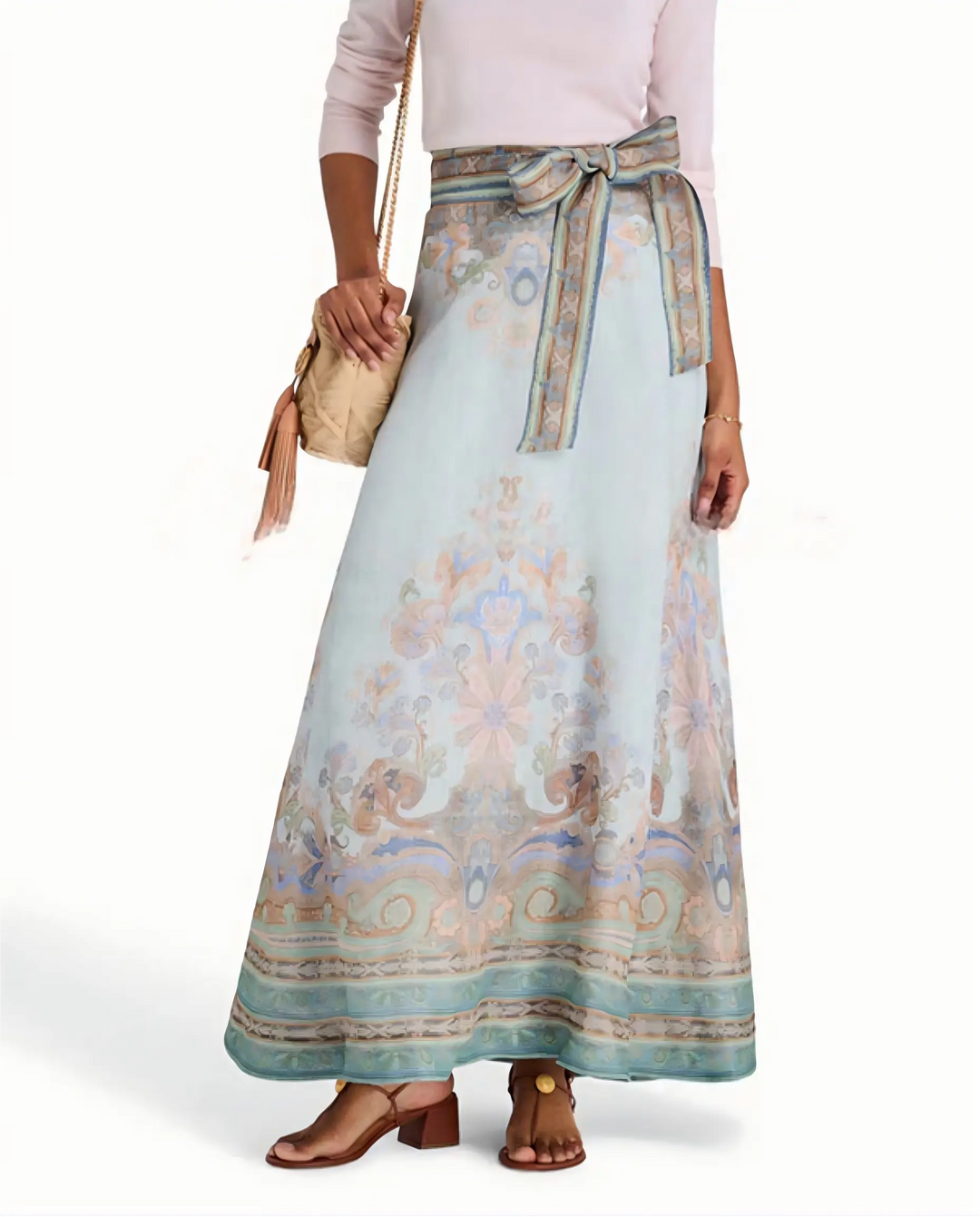 SOLACE  Blue Floral Print Belt Wrap Maxi Skirt 