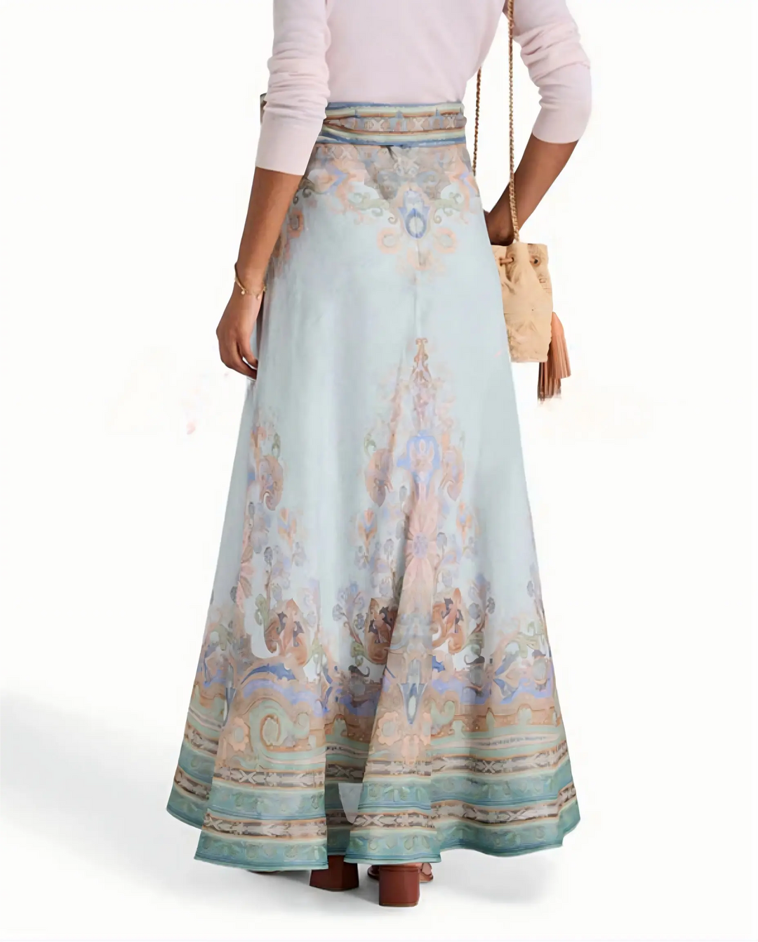 SOLACE  Blue Floral Print Belt Wrap Maxi Skirt 