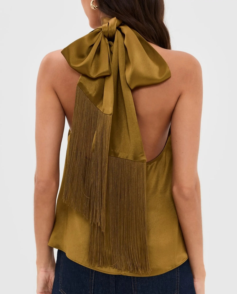 SOLACE  Olive Green Fringe Back Tie Satin Relaxed Regular Top 