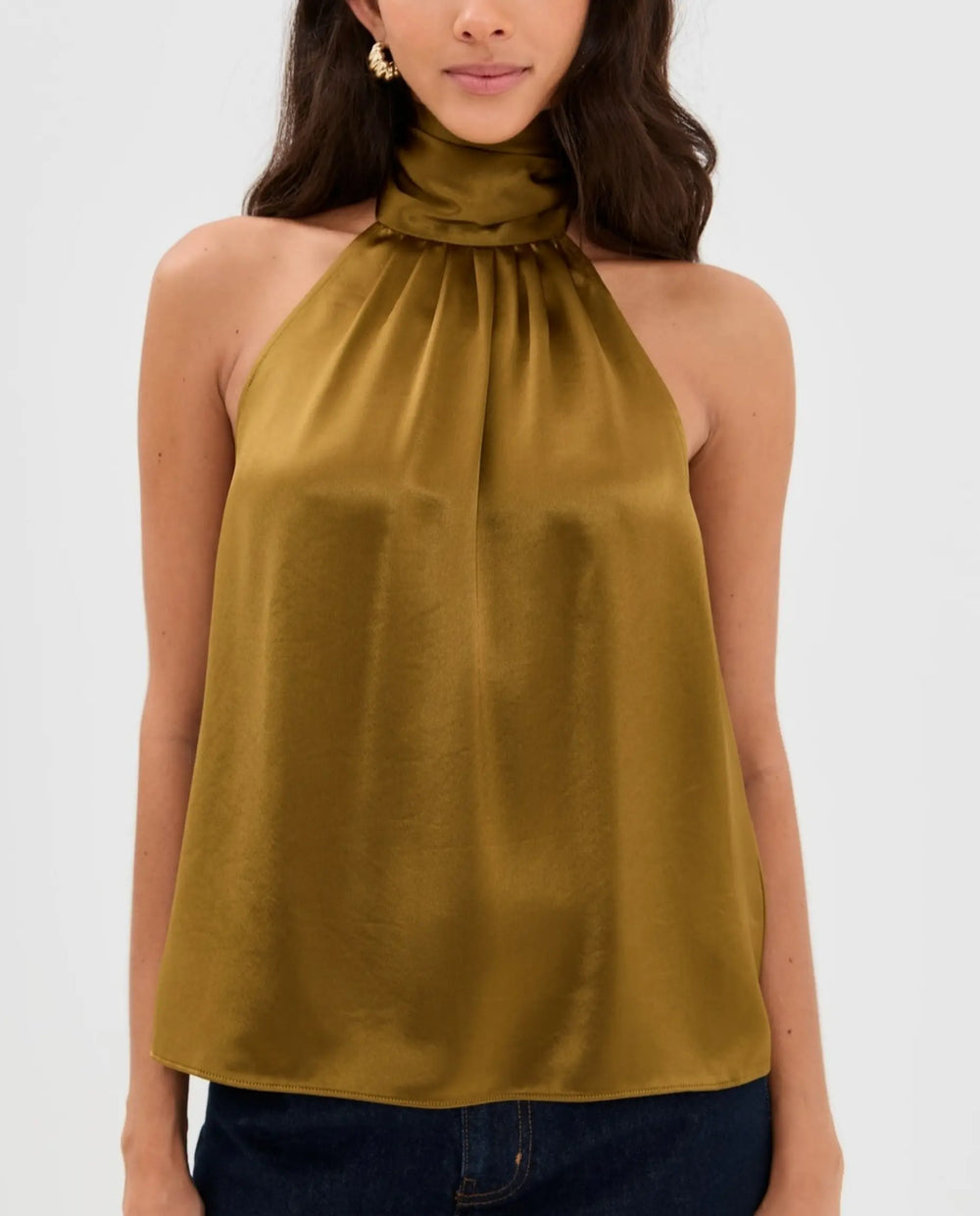 SOLACE  Olive Green Fringe Back Tie Satin Relaxed Regular Top 