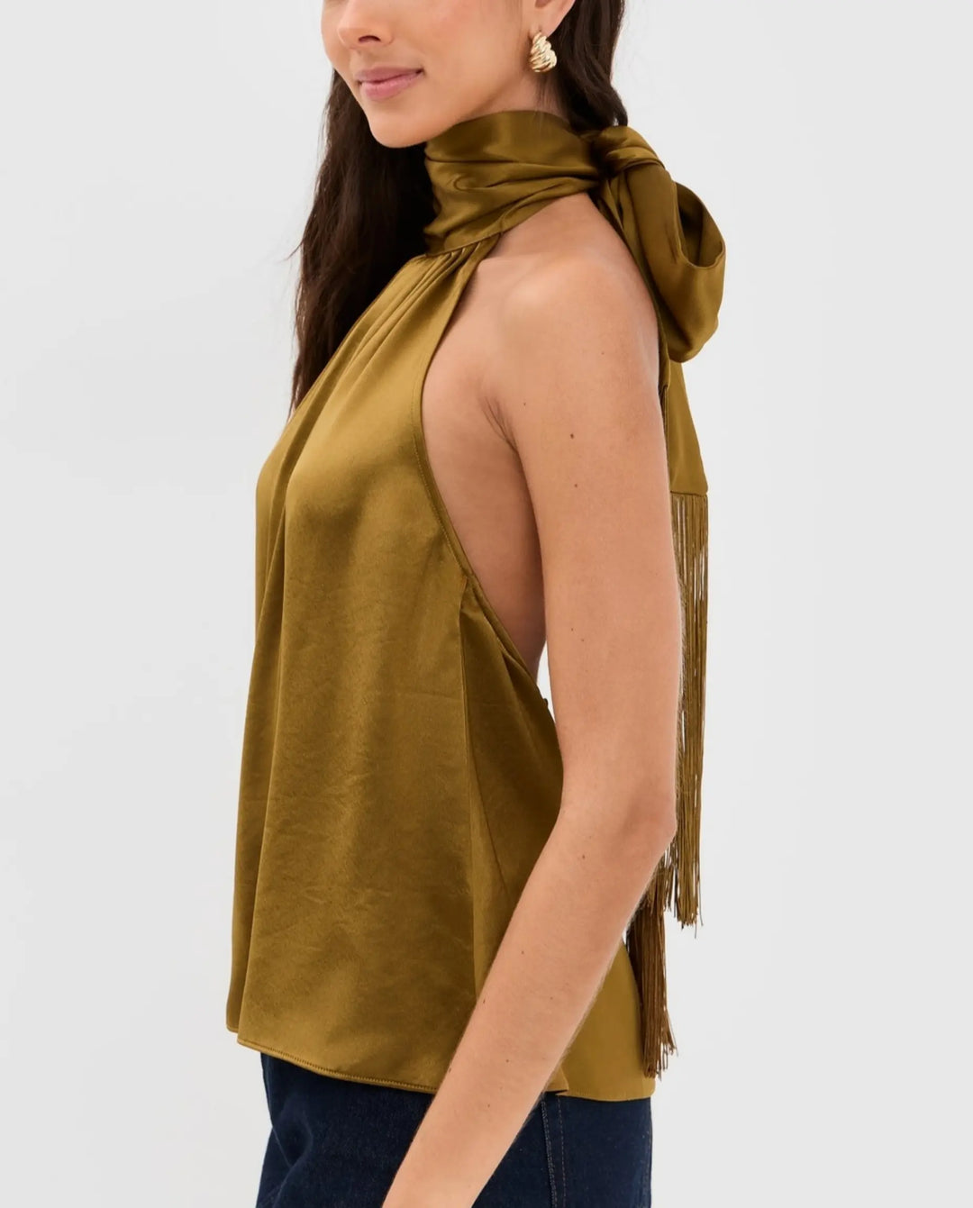 SOLACE  Olive Green Fringe Back Tie Satin Relaxed Regular Top 
