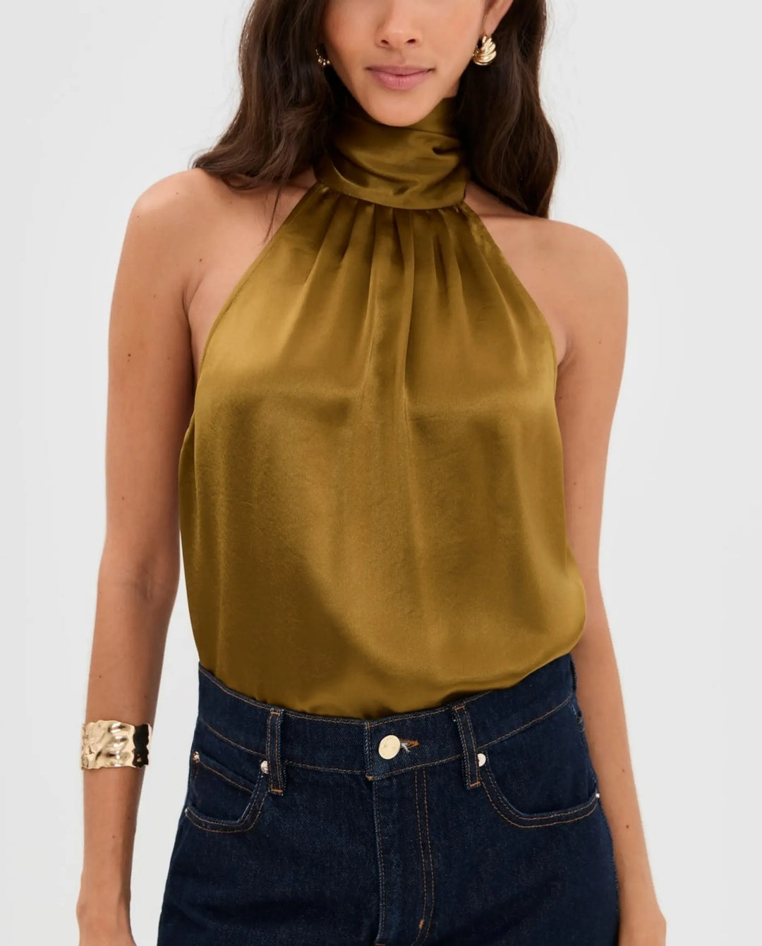 SOLACE  Olive Green Fringe Back Tie Satin Relaxed Regular Top 