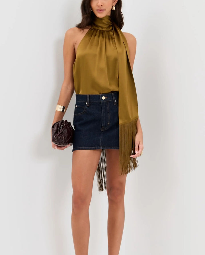 SOLACE  Olive Green Fringe Back Tie Satin Relaxed Regular Top 