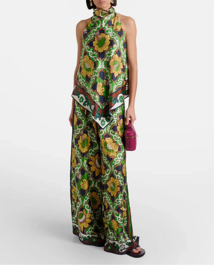 SOLACE  Green Floral Print Halter Neck Top 