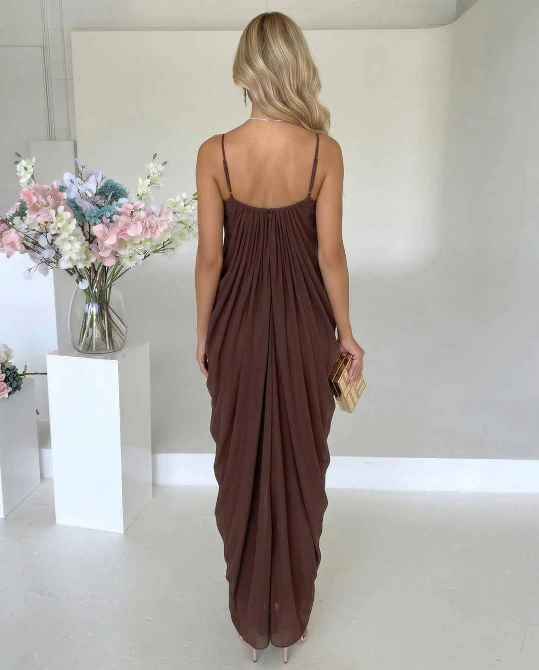 SOLACE  Brown Gathered Chiffon Spaghetti Strap Draped Maxi Dress 