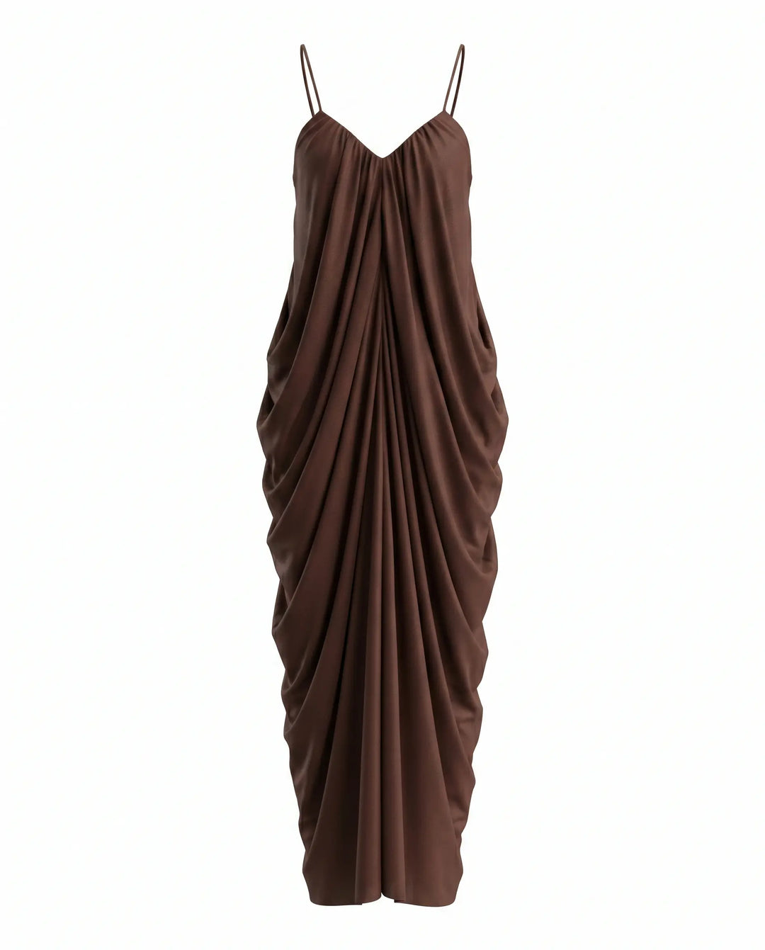 SOLACE  Brown Gathered Chiffon Spaghetti Strap Draped Maxi Dress 