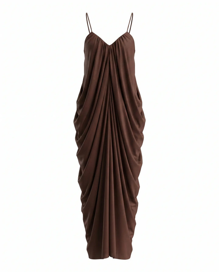 SOLACE  Brown Gathered Chiffon Spaghetti Strap Draped Maxi Dress 