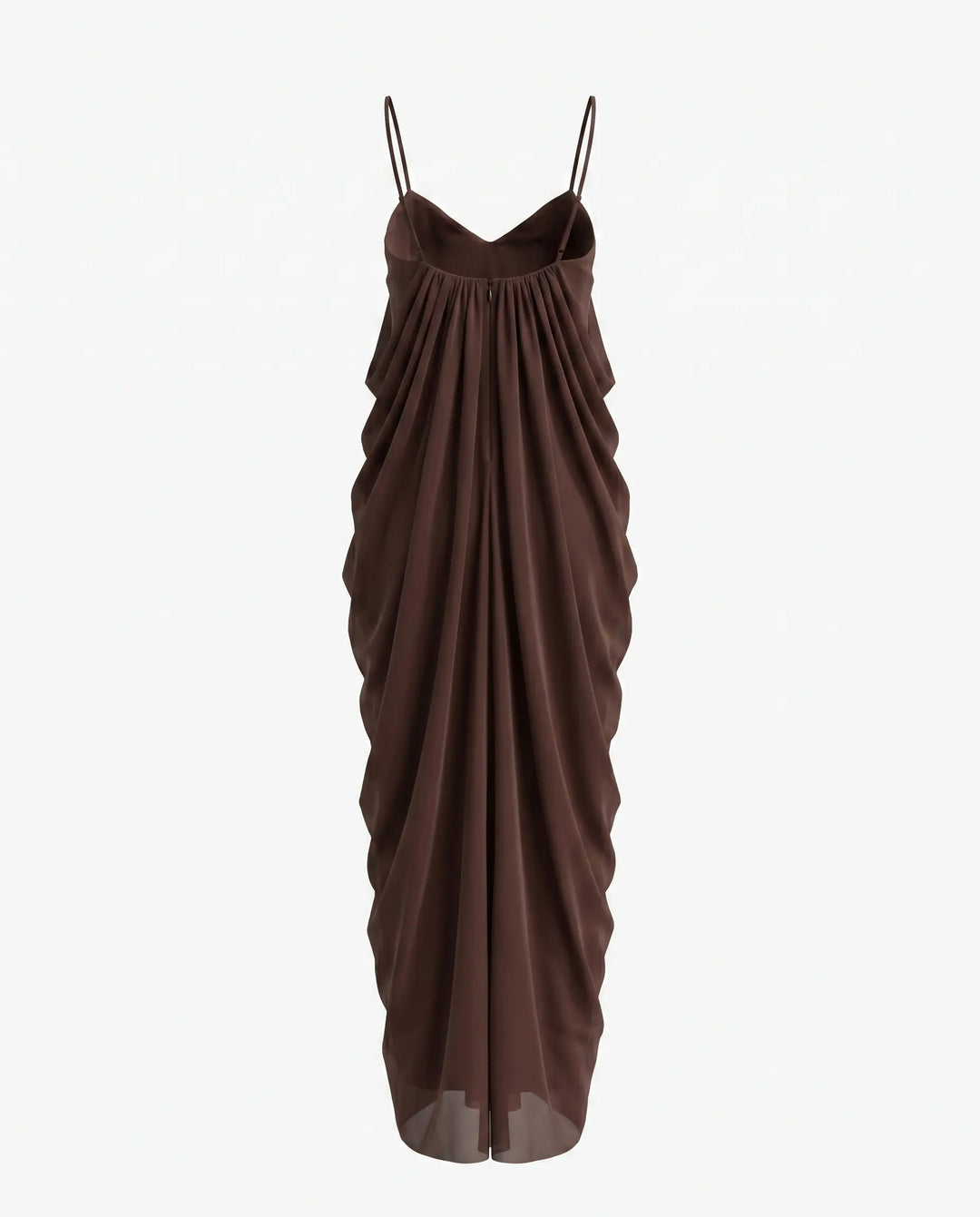 SOLACE  Brown Gathered Chiffon Spaghetti Strap Draped Maxi Dress 