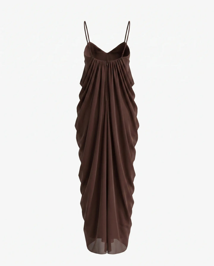SOLACE  Brown Gathered Chiffon Spaghetti Strap Draped Maxi Dress 