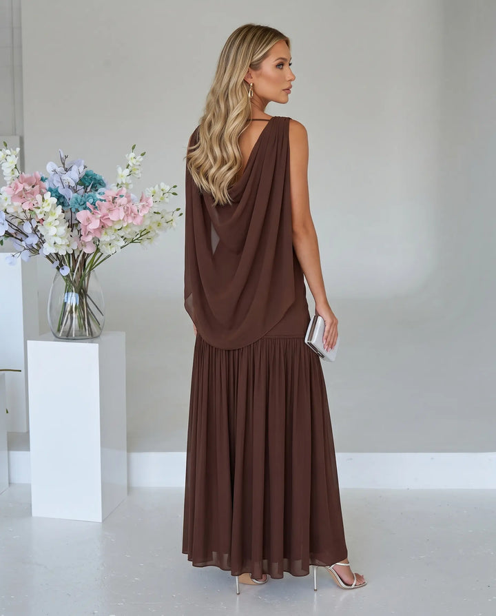 SOLACE  Brown Draped Chiffon Cape Sleeve V-Neck Maxi Dress 