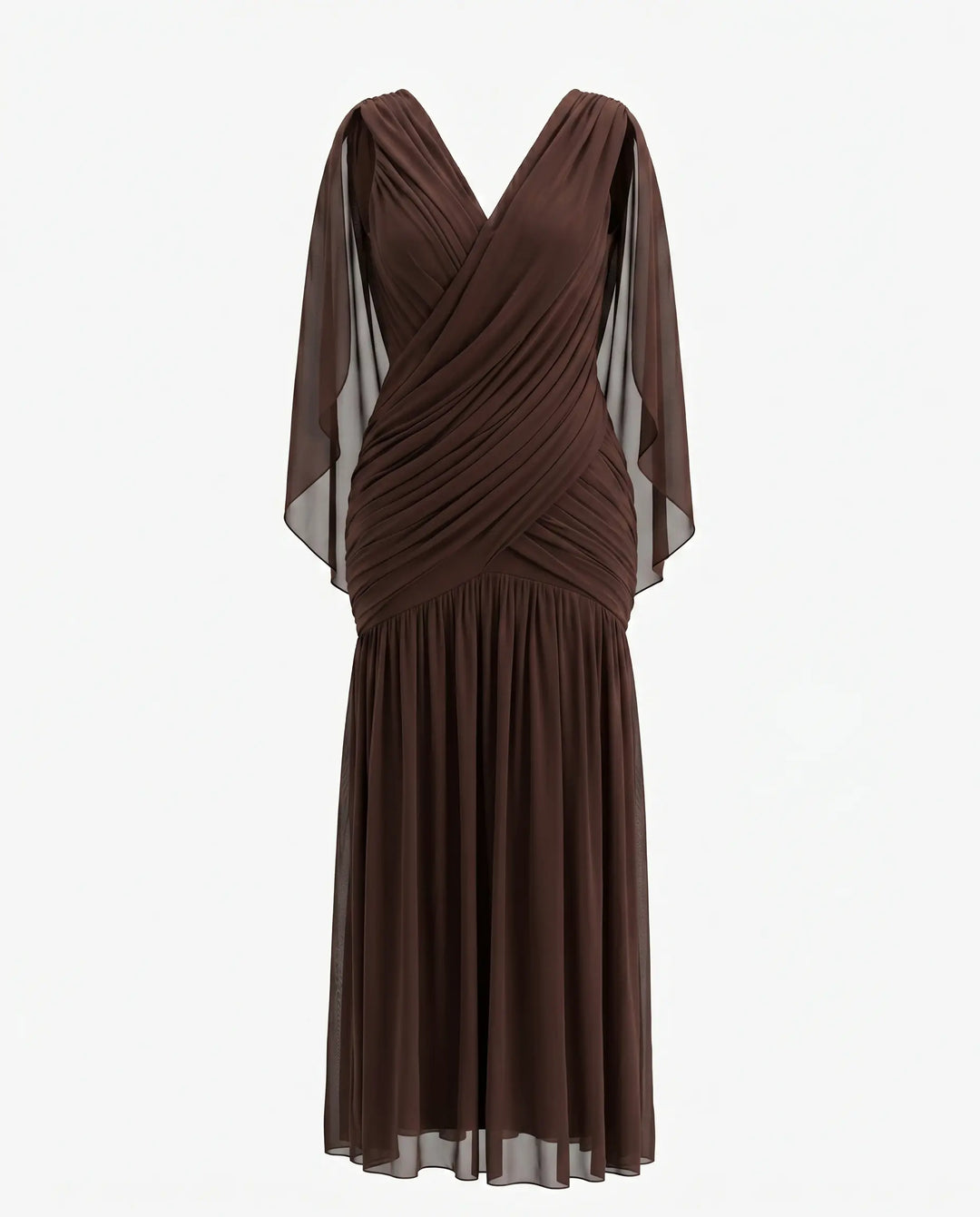SOLACE  Brown Draped Chiffon Cape Sleeve V-Neck Maxi Dress 