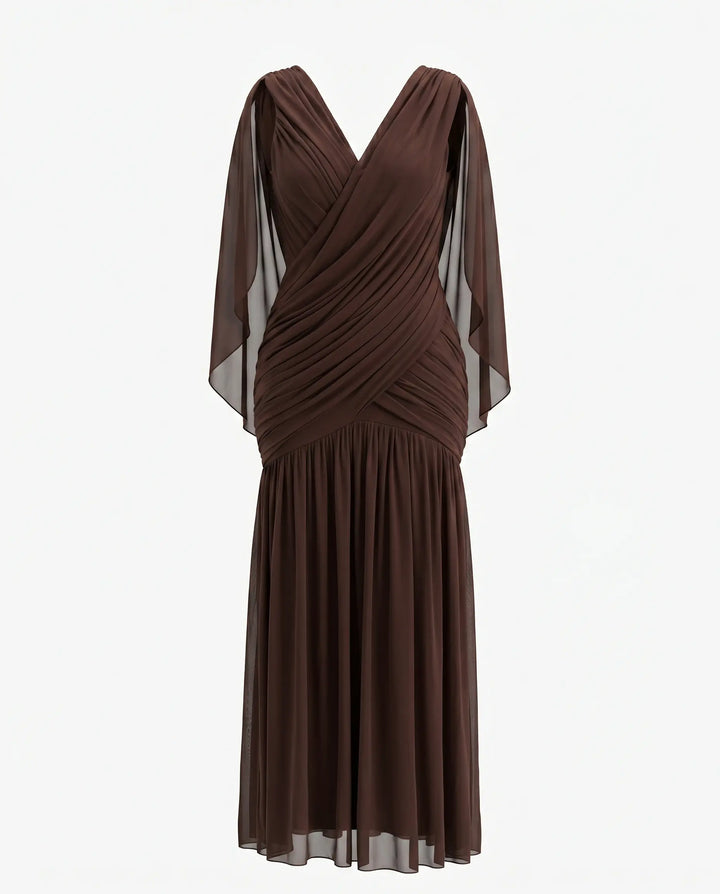 SOLACE  Brown Draped Chiffon Cape Sleeve V-Neck Maxi Dress 