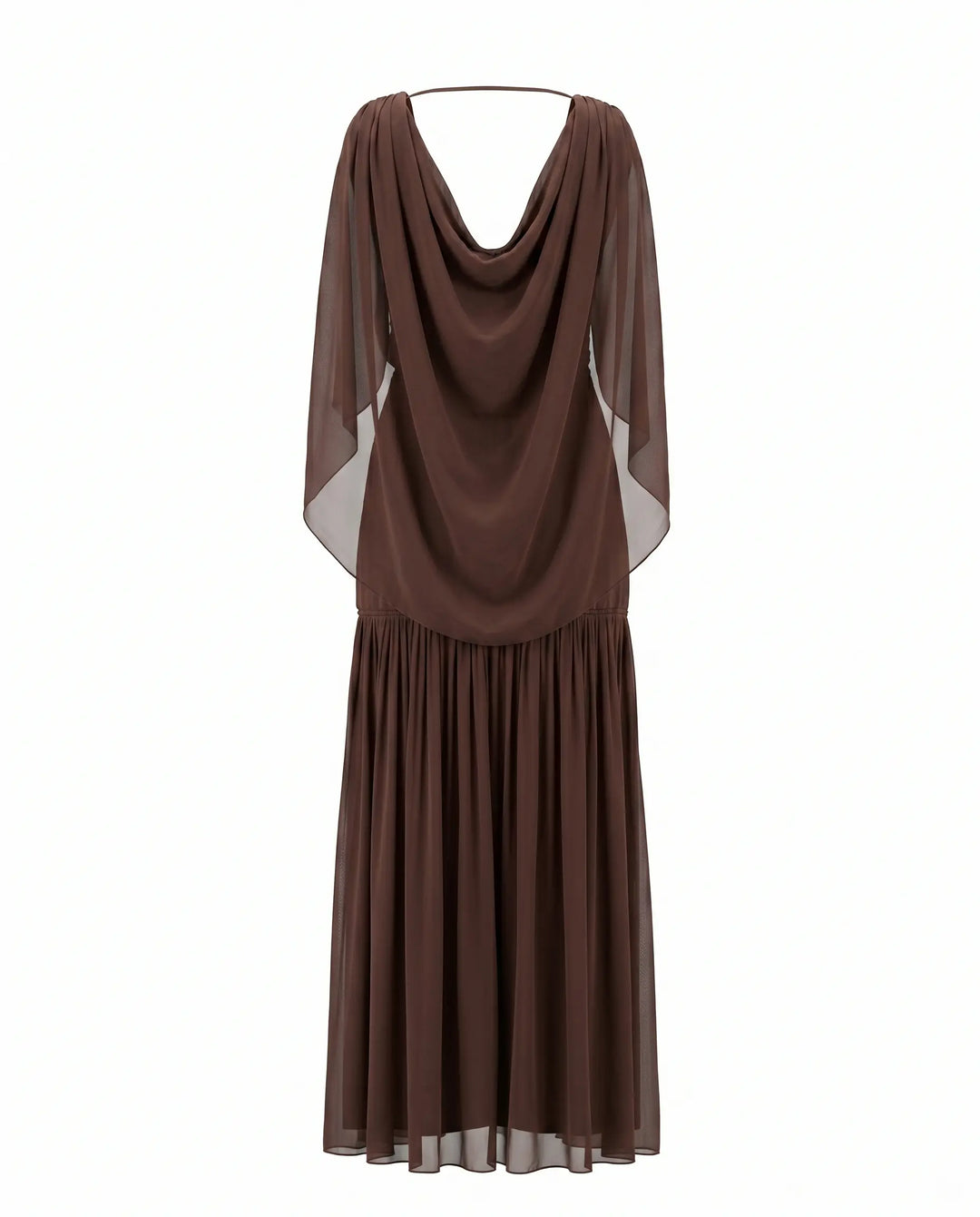 SOLACE  Brown Draped Chiffon Cape Sleeve V-Neck Maxi Dress 