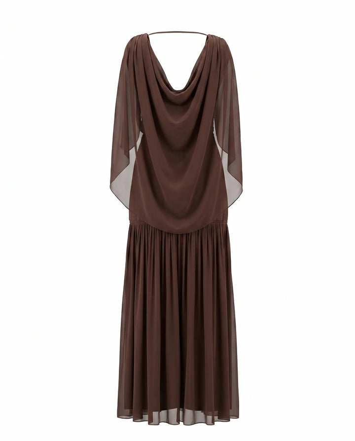 SOLACE  Brown Draped Chiffon Cape Sleeve V-Neck Maxi Dress 