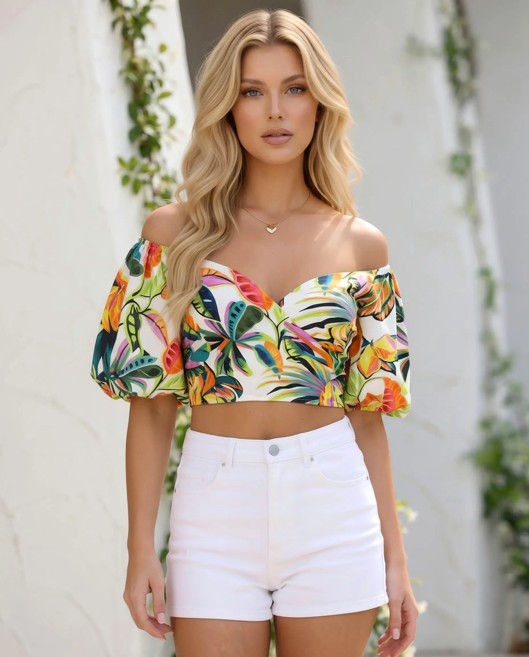 SOLACE  Tropical Print Off Shoulder Puff Sleeve Crop Blouse 