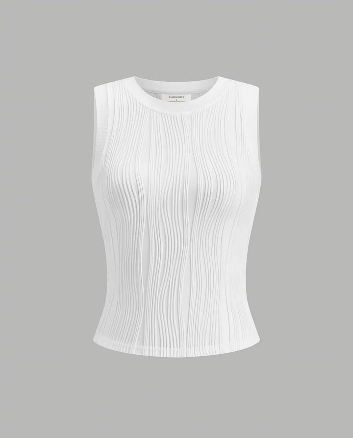 SOLACE  White Wavy Ribbed Sleeveless Top 
