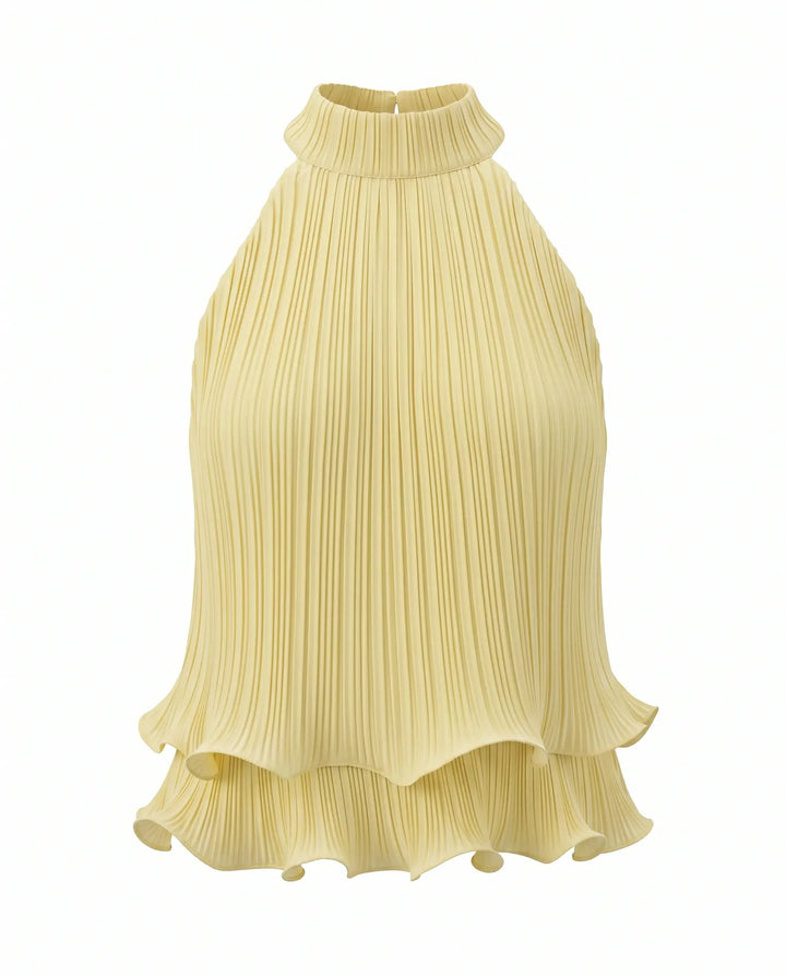 SOLACE  Yellow Pleated Halter Neck Ruffle Hem Blouse 