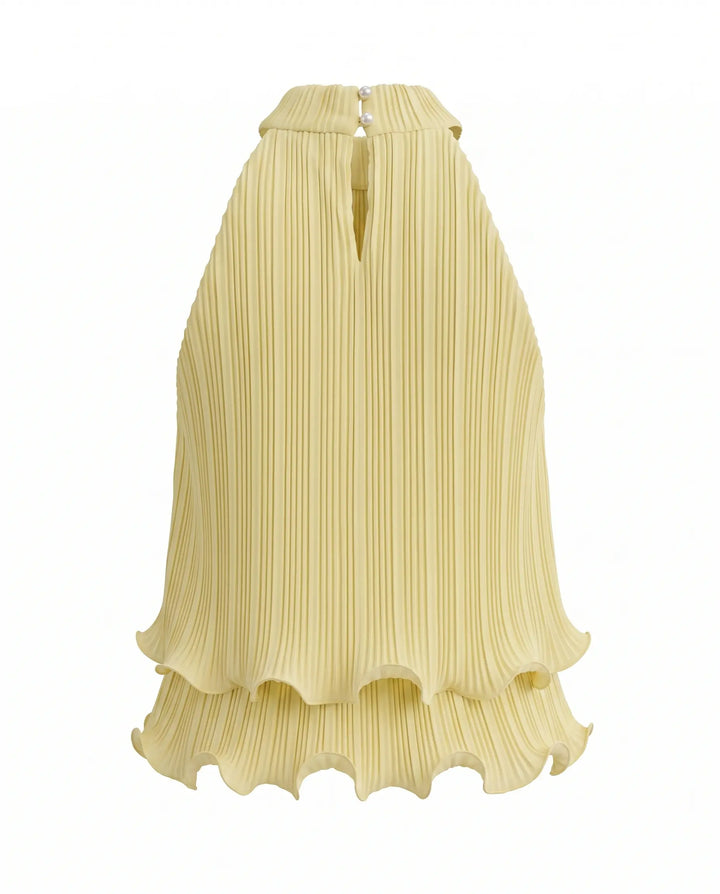 SOLACE  Yellow Pleated Halter Neck Ruffle Hem Blouse 